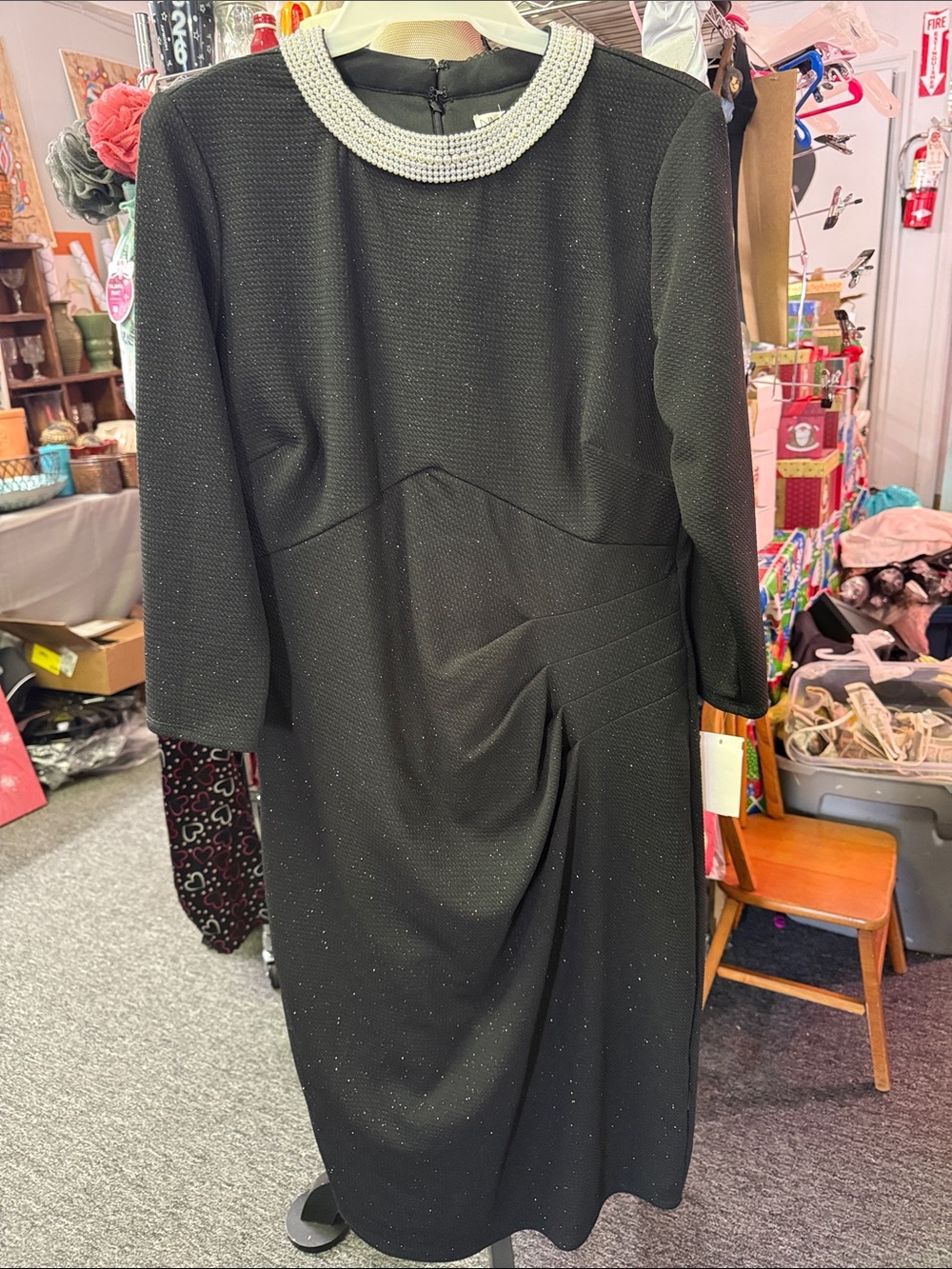 Neiman Marcus Black Midi Dress with Beaded Collar